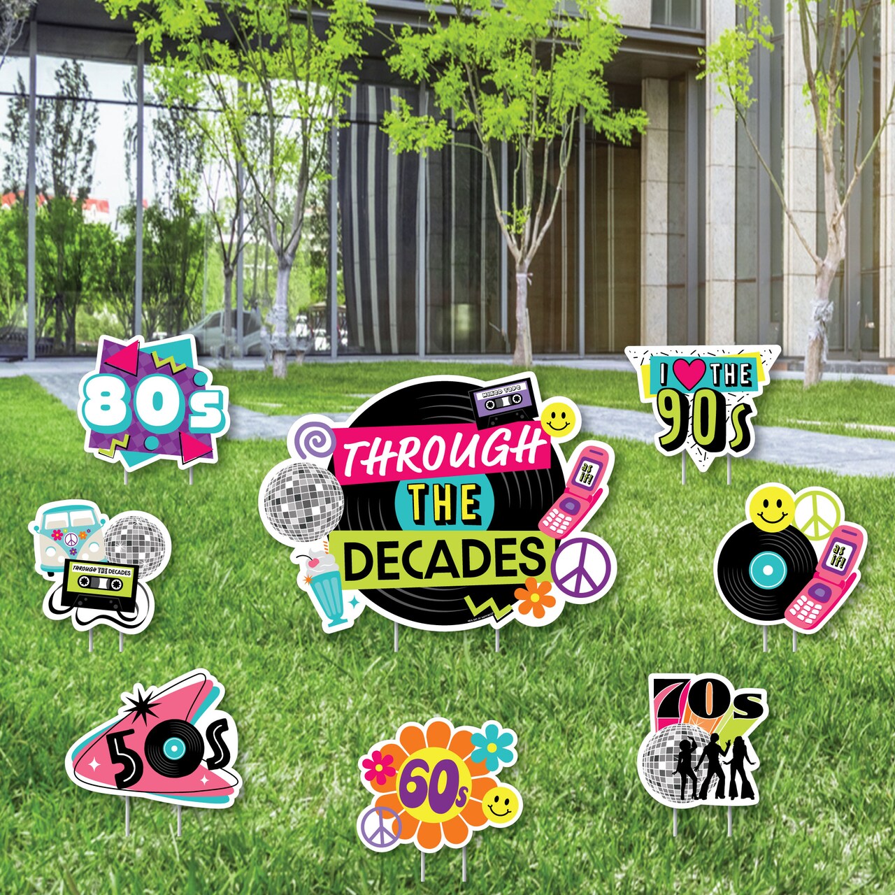 Big Dot of Happiness Through the Decades - Yard Sign and Outdoor Lawn Decorations - 50s, 60s, 70s, 80s, and 90s Party Yard Signs - Set of 8